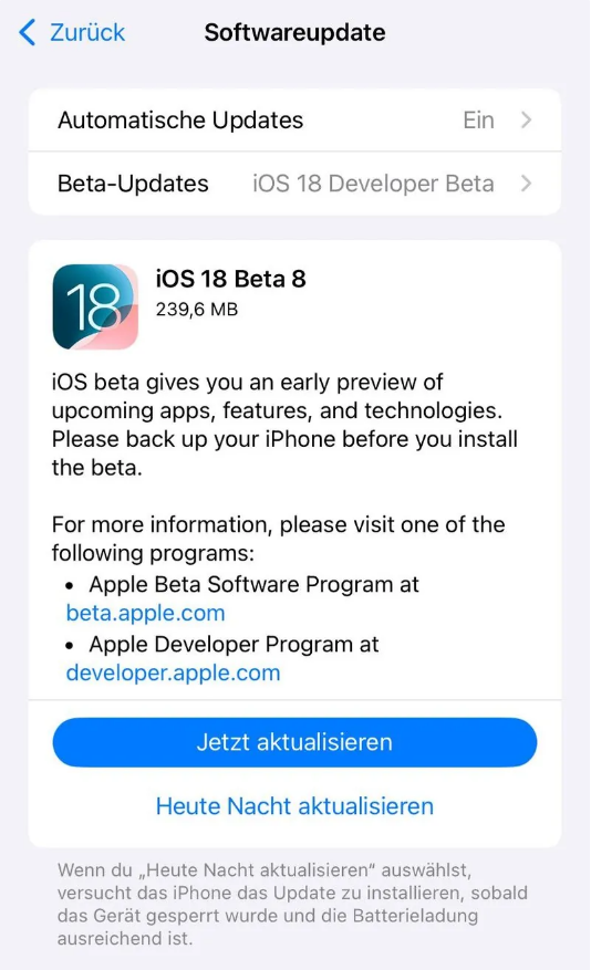 将乐苹果手机维修分享苹果 iOS / iPadOS 18 开发者预览版 Beta 8 发布 